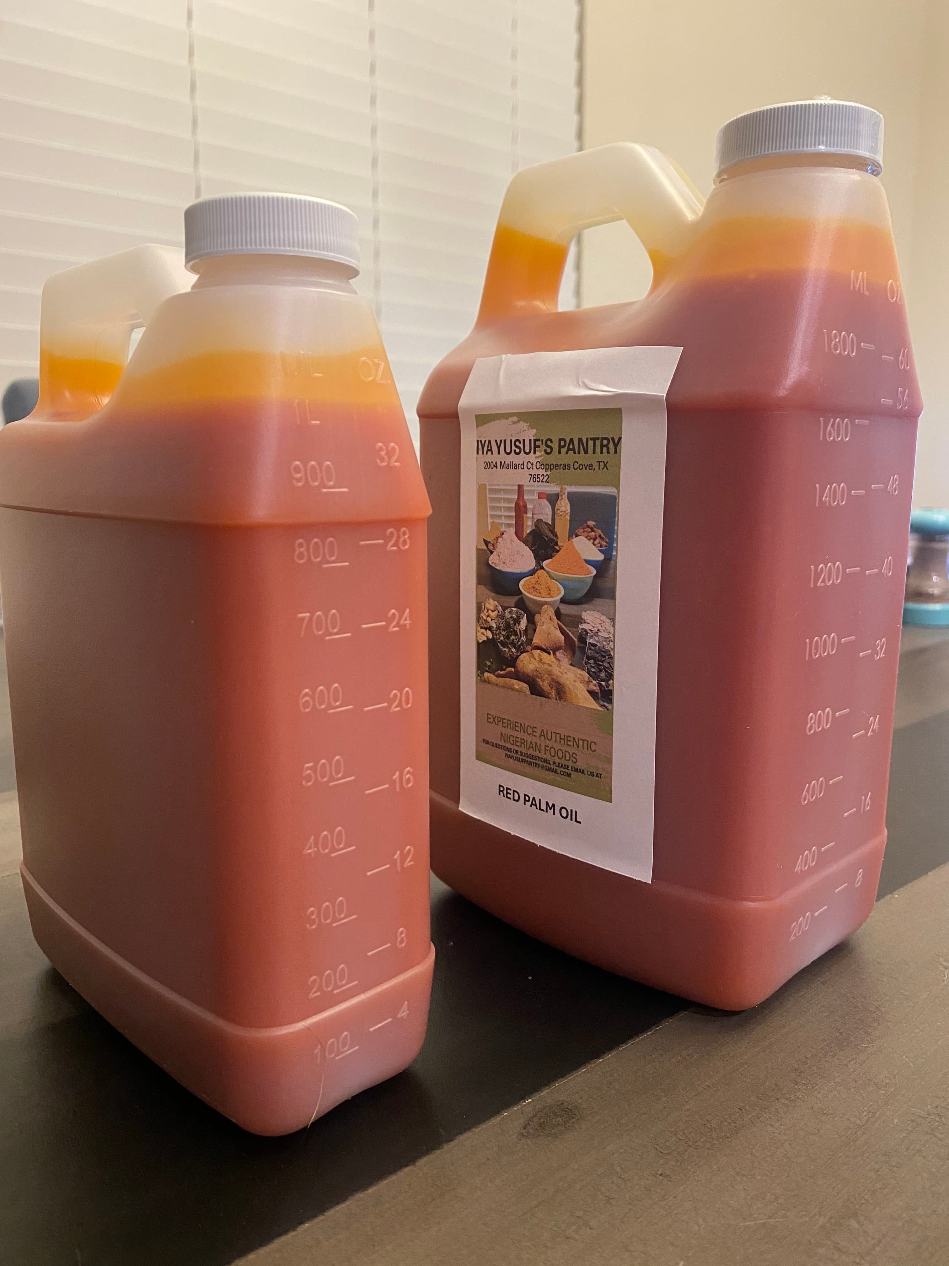 Iya Yusuf's Pantry red palm oil in labeled containers